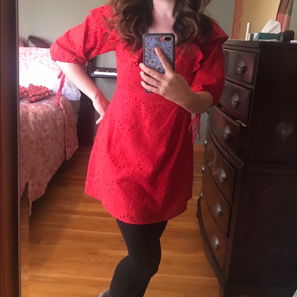 Aidan Eyelet Ruffled Mini Dress in Burnt Orange